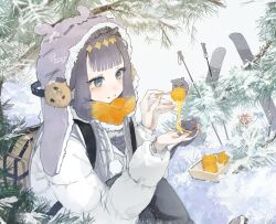 2girls absurdres alternate_costume backpack bag beanie blue_eyes center-flap_bangs cheese cheese_trail chocosong coat commentary_request earflap_beanie earmuffs food gradient_hair hair_ornament hakos_baelz hat highres holding holding_food hololive hololive_english multicolored_hair multiple_girls ninomae_ina&#039;nis orange_hair outdoors purple_hair purple_hat sameko_saba sitting ski_pole skis snow solo_focus takodachi_(ninomae_ina&#039;nis) takoyaki tentacle_hair tree virtual_youtuber white_coat winter winter_clothes winter_coat