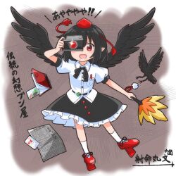 1girl animal bird black_bird black_hair black_skirt black_wings book camera frilled_skirt frills full_body geta hat holding holding_camera looking_at_viewer newspaper one_eye_covered open_mouth pointy_ears puffy_short_sleeves puffy_sleeves red_eyes shameimaru_aya shirt short_hair short_sleeves skirt socks solo tengu tengu-geta tokin_hat touhou white_shirt white_socks wings yakousei_no_kame