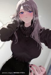 2girls black_nails black_sweater blue_eyes blurry blush breasts chigusa_minori commentary_request depth_of_field grey_hair hair_ornament hairclip highres large_breasts long_hair multiple_girls nail_polish open_mouth purple_nails saotome_shino_(shino_to_ren) shino_to_ren shirayuki_ren sweatdrop sweater tucking_hair twitter_username yuri