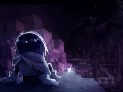 1other ankle_boots antenna_hair arm_support armor armored_boots black_hair blue_scarf boots commentary_request deltarune from_behind full_body gloves grey_boots grey_gloves highres hoshiakari_lenu in-universe_location kris_(deltarune) save_point scarf scenery short_hair shoulder_armor sitting solo sparkle