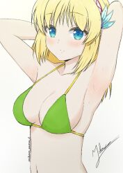 1girl armpit_focus armpits artist_name blonde_hair breasts cayna cayna_(leadale_no_daichi_nite) cleavage elf leadale_no_daichi_nite looking_at_viewer medium_breasts navel pointy_ears signature simple_background solo swimsuit upper_body white_background