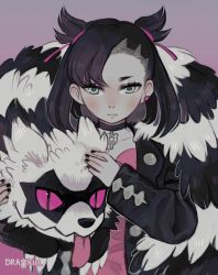 1girl aqua_eyes artist_request asymmetrical_hair black_hair black_jacket black_nails choker dress galarian_form galarian_zigzagoon gen_3_pokemon gen_8_pokemon hair_ribbon jacket jewelry looking_at_viewer marnie_(pokemon) medium_hair nail_polish nintendo pink_dress pokemon pokemon_(creature) pokemon_swsh ribbon short_twintails silver_trim twintails undercut zigzagoon