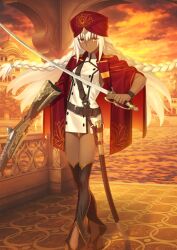 ahoge arm_at_side asymmetrical_dual_wielding belt belt_buckle black_leggings black_sandals bracelet braid breasts brown_belt buckle buttons closed_mouth coat crossed_legs dark-skinned_female dark_skin detached_leggings double-breasted dress dual_wielding fate/grand_order fate_(series) feet_out_of_frame floating_hair front_slit frown game_cg gun hair_between_eyes hair_tie hand_up high_collar holding holding_gun holding_sword holding_weapon jewelry lakshmibai_(fate) lakshmibai_(second_ascension)_(fate) lapels leggings long_hair looking_at_viewer medium_breasts official_art open_clothes open_coat orange_background red_coat red_eyes red_turban rifle sandals sheath short_dress shoulder_belt shoulder_boards sidelocks sword takeuchi_takashi thigh_gap third-party_source turban twin_braids unsheathed v-shaped_eyebrows variant_set very_long_hair weapon weapon_request white_dress white_hair wing_collar