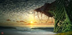 abandoned absurdres blue_sky building cloud cloudy_sky commentary_request dilapidated highres mountain no_humans original outdoors overgrown palm_tree plant post-apocalypse ruins rust scenery signature sky sun sunset tokyo_tower tokyogenso tree vines water waves