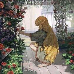1girl barefoot blonde_hair courtyard elf flower highres long_hair pointy_ears sebu serie_(sousou_no_frieren) solo sousou_no_frieren squatting