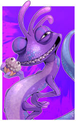 1boy 31reyo bad_id bad_pixiv_id cupcake food grin highres lizard monsters_inc. no_humans one_eye_closed purple_background randall_boggs reptile smile