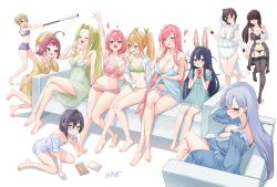 Rule 34 | 6+girls, :t, animal ears, apron, aqua dress, artist name, babydoll, baseball bat, black garter straps, black panties, black thighhighs, blonde hair, blue babydoll, blue eyes, blue hair, blue panties, blue shirt, bow, bra, brown hair, bygin, character request, closed eyes, collared shirt, couch, crossed legs, dress, eating, eiai nano, facing another, fake animal ears, garter straps, green babydoll, green bow, green bra, green nightgown, green panties, hair bow, hair over eyes, hanazono hahari, hanazono hakari, haraga kurumi, highres, holding, holding baseball bat, holding hands, inda karane, kakure meme, kimi no koto ga dai dai dai dai daisuki na 100-nin no kanojo, long hair, looking at another, maid apron, meido mei, metal baseball bat, multiple girls, navel, on couch, open mouth, orange hair, panties, pout, purple eyes, purple hair, purple shorts, purple sports bra, rabbit ears, shirt, short sleeves, shorts, siblings, sisters, sitting, sports bra, standing, stomach, sutou iku, swinging baseball bat, thighhighs, tongue, underwear, utsukushisugi mimimi, watermark, white shirt, yakuzen kusuri, yawning, yoshimoto shizuka