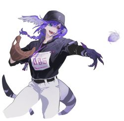 1girl ahoge asymmetrical_arms bad_id bad_twitter_id baseball baseball_cap baseball_glove baseball_uniform belt black_belt black_hat black_shirt black_sweater blue_eyes braid dragon_girl dragon_tail fangs hair_ornament hairclip hat head_wings heterochromia highres lanyard looking_afar medium_hair mockingbird0009 nijisanji nijisanji_en open_mouth pants pitcher_(container) pitching pointy_ears purple_eyes purple_hair purple_wings selen_tatsuki selen_tatsuki_(1st_costume) shirt shirt_tucked_in simple_background solo sportswear sweater tail throwing twin_braids virtual_youtuber white_background white_pants wings wristband