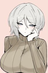 Rule 34 | 1girl, blue eyes, breasts, commentary, faust (project moon), grey hair, grey sweater, highres, huge breasts, limbus company, looking at viewer, m ayonessa, pink background, project moon, short hair, solo, sweater, turtleneck, turtleneck sweater, upper body