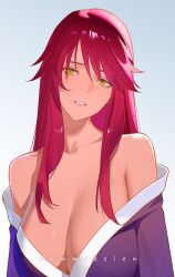 1girl absurdres breasts cleavage collarbone commission drid freckles grey_background highres japanese_clothes kimono large_breasts lips long_hair off_shoulder original parted_lips purple_kimono red_hair shoulder_freckles slit_pupils solo straight-on swept_bangs teeth upper_body yellow_eyes