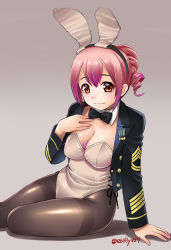 1girl animal_ears arm_support black_bow black_bowtie black_jacket bow bowtie breasts brown_eyes brown_pantyhose cleavage closed_mouth detached_collar drill_hair ebifly fake_animal_ears gradient_hair grey_background grey_leotard hairband hand_on_own_chest hand_up highres jacket large_breasts leotard looking_at_viewer medal medium_hair military_jacket multicolored_hair open_clothes open_jacket original pantyhose playboy_bunny rabbit_ears remote_control_vibrator sex_toy side-tie_leotard simple_background sitting smile solo thighband_pantyhose twin_drills twintails twitter_username vibrator wing_collar yokozuwari