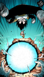 3boys absurdres armor bald black_hair boots broken_armor bruise clenched_teeth commentary_request dougi dragon_ball dragonball_z emphasis_lines energy_ball genki_dama gloves highres injury kuririn male_focus multiple_boys one_eye_closed open_mouth pov pov_hands ruto830 scene_reference signature son_gohan teeth throwing vegeta white_footwear white_gloves