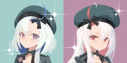 2girls ahoge azur_lane beret black_ribbon blue_hair colored_inner_hair commentary_request green_background green_hat green_jacket hair_ribbon hat highres jacket jisakujijun libeccio_(azur_lane) light_smile long_hair maestrale_(azur_lane) medium_hair multicolored_hair multiple_girls pink_background purple_eyes red_eyes red_hair ribbon siblings sisters twins two-tone_hair upper_body white_hair