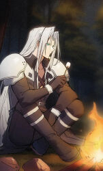 aqua_eyes armor bangle black_footwear black_gloves black_jacket blurry blurry_background boots bracelet campfire chest_strap final_fantasy final_fantasy_vii food full_body gloves grey_hair holding holding_food indian_style jacket jewelry long_bangs long_hair male_focus marshmallow morikawaimori parted_bangs roasted_marshmallow sephiroth shoulder_armor sitting tree