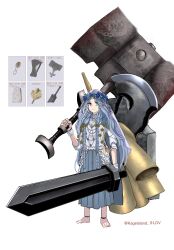 1girl barefoot blue_eyes blue_hair blue_skirt braid closed_mouth doll_joints elden_ring elden_ring_nightreign facing_viewer full_body hammer head_wreath highres holding holding_hammer holding_sword holding_weapon jewelry joints kageisland_9lov looking_at_viewer low_twin_braids revenant_(elden_ring) shirt signature skirt solo sword twin_braids twitter_username veil weapon white_background white_shirt white_veil