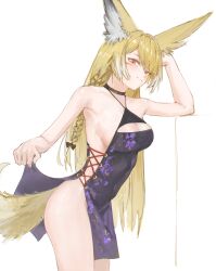 absurdres animal_ear_fluff animal_ears arknights armpits black_choker blonde_hair bow braid breasts china_dress chinese_clothes choker cleavage_cutout closed_mouth clothes_lift clothing_cutout commentary dress english_commentary facial_scar floral_print fox_ears fox_girl fox_tail from_side hair_bow hand_on_own_head highres large_breasts large_ears lifting_own_clothes long_hair looking_at_viewer looking_to_the_side mature_female monmon_(sleepymonmon) no_panties orange_eyes scar scar_on_cheek scar_on_face side_slit sideboob simple_background sketch tail vulpisfoglia_(arknights) white_background
