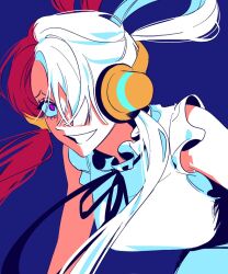 1girl black_ribbon blue_background dress hair_over_one_eye headphones highres looking_at_viewer multicolored_hair neck_ribbon one_piece one_piece_film:_red ppyobong11 purple_eyes red_hair ribbon simple_background sleeveless sleeveless_dress smile solo two-tone_hair upper_body uta_(one_piece) white_dress white_hair