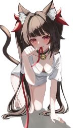 1girl animal_ear_fluff animal_ears bare_legs bell black_choker blunt_bangs blush breasts brown_hair butterfly-shaped_pupils cat_ears cat_tail choker cleavage closed_mouth fang full_body hair_ornament highres honkai:_star_rail honkai_(series) legs long_hair looking_at_viewer mark_under_both_eyes medium_breasts mouth_hold neck_bell no_bra no_pants oimo_imonium open_clothes paw_pose red_ribbon ribbon ribbon_in_mouth shirt short_sleeves simple_background solo sparkle_(honkai:_star_rail) symbol-shaped_pupils t-shirt tail thighs twintails white_background white_shirt