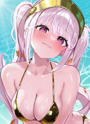 1girl absurdres alice_(nikke) alternate_costume bikini breasts cleavage collarbone goddess_of_victory:_nikke gold_bikini highres large_breasts looking_at_viewer pool purple_eyes ramune_ramune sidelocks solo swimsuit twintails upper_body water wet white_hair