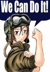 1girl absurdres arm_up blush brown_hair brown_jacket girls_und_panzer goggles goggles_on_headwear green_eyes helmet helmet-chan_(girls_und_panzer) highres jacket kuromon_(nabe5214) looking_at_viewer parody poster_parody short_hair smile tank_helmet we_can_do_it!