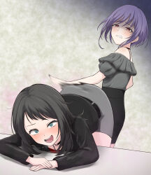 Rule 34 | 2girls, absurdres, ahegao, aqua eyes, bang dream!, bang dream! it&#039;s mygo!!!!!, black jacket, choker, disgust, highres, hutaba294, jacket, light blush, medium hair, miniskirt, multiple girls, purple hair, red shirt, shirt, short hair, skirt, slapping, yahata umiri, yuutenji nyamu
