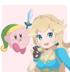 Rule 34 | 1boy, 1girl, blonde hair, blue eyes, chocomiru, colored skin, cosplay, crossover, earrings, jewelry, kirby, kirby (series), link, link (cosplay), long hair, mario (series), nintendo, open mouth, parody, pink skin, princess peach, princess zelda, princess zelda (cosplay), super mario bros. 1, sword, the legend of zelda, the legend of zelda: breath of the wild, weapon