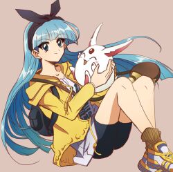 Rule 34 | 1girl, 1other, bike shorts, black bow, black hairband, black shorts, blue hair, bow, bow hairband, closed mouth, feet out of frame, floating hair, green eyes, grey background, hair bow, hairband, hime cut, hood, hooded jacket, jacket, long hair, long sleeves, magic knight rayearth, mokona, na cat1111, open clothes, open jacket, print shirt, ryuuzaki umi, shirt, shorts, simple background, smile, very long hair, white shirt, yellow jacket