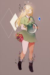 1girl ball blonde_hair blue_gemstone blush boots bow bowtie brown_background brown_boots bud closed_eyes closed_mouth collar collared_dress commentary crescent_moon daisy diamond_(gemstone) diamond_(shape) dress english_commentary flower flower_request frilled_sleeves frills full_body gem green_dress hair_flower hair_ornament halo holding holding_ball hoshi-pan leaf long_hair making-of_available moon original pink_flower puffy_short_sleeves puffy_sleeves red_bow red_bowtie rose short_dress short_sleeves smile socks sprout star_(symbol) white_collar white_flower white_socks
