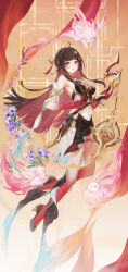 1girl absurdres ahoge armpits bare_shoulders bell black_footwear black_hair china_dress chinese_clothes closed_mouth colored_extremities colored_inner_hair colored_skin commentary detached_sleeves dress floating_hair full_body fuyuan_(honkai:_star_rail) hair_bell hair_ornament hair_spread_out high_heels highres holding holding_weapon honkai:_star_rail honkai_(series) lingsha_(honkai:_star_rail) long_hair looking_at_viewer multicolored_hair navel pointy_ears red_feet red_hands red_skin revision slit_pupils smile swkl:d symbol-only_commentary weapon