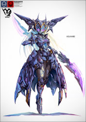 Rule 34 | 1girl, armor, blonde hair, double blade, head wings, k-suwabe, long hair, looking at viewer, mechanical skirt, no mouth, original, power armor, power suit, purple eyes, tiptoes, white background, wings