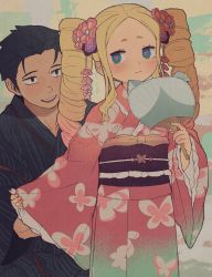 Rule 34 | 1boy, 1girl, age difference, beatrice (re:zero), black eyes, black hair, blonde hair, blue eyes, blush, butterfly-shaped pupils, closed mouth, commentary request, drill hair, eyelashes, floral print, flower, hair flower, hair ornament, highres, holding, iwamushi, japanese clothes, kimono, long hair, long sleeves, natsuki subaru, open mouth, pink flower, pink kimono, re:zero kara hajimeru isekai seikatsu, sash, short hair, sidelocks, smile, symbol-shaped pupils, teenage boy and younger girl, teeth, tongue, twin drills, twintails, upper teeth only