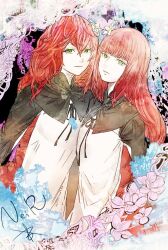 2girls black_capelet black_ribbon capelet devola diagonal_bangs dress flower flower_on_head green_eyes long_hair looking_at_viewer messy_hair multiple_girls nier nier:automata nier_(series) pink_flower popola red_hair red_shirt ribbon ruka_(blueplus84) shirt siblings sisters straight_hair twins white_dress