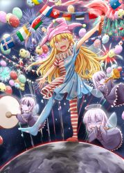 5girls aerial_fireworks american_flag american_flag_dress american_flag_legwear armpit_peek azerbaijani_flag balloon bangladeshi_flag belgian_flag blonde_hair blue_eyes blush blush_stickers botswanan_flag brazilian_flag clownpiece colored_skin commentary_request danish_flag dress drum dutch_flag egyptian_flag estonian_flag eyebrows fairy fairy_wings fake_halo finnish_flag fireworks flag flags_of_all_nations flute french_flag full_body german_flag grey_skin halo hat icelandic_flag indonesian_flag instrument irish_flag japanese_flag jester_cap long_hair looking_at_viewer luxembourgish_flag moon multiple_girls neck_ruff nigerian_flag no_shoes pantyhose people&#039;s_republic_of_china_flag pink_eyes pink_hat polish_flag romanian_flag russian_flag short_dress short_sleeves somalian_flag space standing standing_on_one_leg star_(sky) star_(symbol) string_of_flags striped_clothes striped_dress striped_pantyhose swiss_flag tamasan tongan_flag torch touhou trumpet ukrainian_flag white_hair wide_sleeves wings zombie_fairy_(touhou)