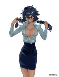 1girl ahoge black-framed_eyewear black_skirt blue_hair breasts brown_eyes cleavage collarbone daferq freckles glasses highres large_breasts long_hair long_sleeves low_twintails lower_teeth_only open_mouth original pencil_skirt rectangular_eyewear semi-rimless_eyewear shirt simple_background skirt solo teeth twintails twitter_username under-rim_eyewear white_background white_shirt