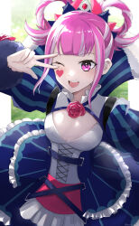 Rule 34 | 1girl, ;d, breasts, cleavage, commentary request, cross-laced clothes, cross-laced dress, dress, esuda0919, facial mark, fire emblem, fire emblem engage, flower, folded twintails, hair flaps, hair rings, heart, heart facial mark, highres, hortensia (fire emblem), looking at viewer, multicolored hair, nintendo, one eye closed, open mouth, partial commentary, pink hair, red flower, red rose, rose, small breasts, smile, solo, striped clothes, striped dress, teeth, tiara, two-tone hair, upper body, upper teeth only, vertical-striped clothes, vertical-striped dress