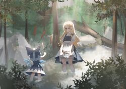 Rule 34 | 2girls, :d, absurdres, black bow, blonde hair, bloomers, blue bow, blue hair, bow, braid, cattail, cirno, collar, dress, facing away, fallen tree, forest, from behind, hair bow, hair ornament, hairclip, highres, holding, ice, ice wings, kirisame marisa, leaf, long hair, multiple girls, nature, no noru, ofuda, on water, open mouth, plant, puffy short sleeves, puffy sleeves, rock, short hair, short sleeves, side braid, single braid, skirt, smile, sunlight, touhou, tree, underwear, white dress, wings