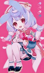 1girl :d animal_ears apron aqua_bow aqua_shirt artist_name black_boots black_shoes black_shorts blue_hair blush boots bow bowtie brooch crossed_bangs genshin_impact gloves hair_between_eyes hair_ornament hand_up hat heart highres index_finger_raised jewelry knees_up long_hair long_sleeves looking_at_viewer low_twintails nurse_cap omochi_(2178o2) open_mouth outline pantyhose pill pink_background pink_bow pom_pom_(clothes) pom_pom_hair_ornament puffy_long_sleeves puffy_sleeves purple_hair red_bow red_bowtie red_eyes red_ribbon ribbon shirt shoes short_shorts shorts sidelocks sigewinne_(genshin_impact) simple_background smile solo tail twintails twitter_username white_apron white_gloves white_hat white_outline white_pantyhose