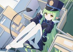 1girl absurdres anleewind blue_archive blue_hat blue_jacket buttons classroom gloves green_hair green_halo halo hat highres hikari_(blue_archive) jacket open_mouth pantyhose pointy_ears sitting solo white_gloves white_pantyhose yellow_eyes