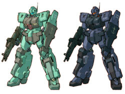 assault_rifle beam_rifle blue_visor char&#039;s_counterattack color_variation colored_lineart commentary_request comparison earth_federation_space_forces energy_gun fusion gun gundam jegan jegan_d_type jesta machinery mecha mecha_focus mobile_suit no_humans orange_visor original radio_antenna redesign rifle robot roundel science_fiction shield tessaku_ro weapon white_background