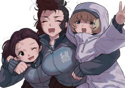 3girls arm_around_back arm_around_neck baseball_cap black_hair blue_eyes blue_hat blue_jacket brown_hair closed_eyes coat commentary dirty drawstring facing_viewer girls_und_panzer grey_hair group_hug hat highres hood hood_up hooded_coat hug jacket katsuoboshi keizoku_military_uniform long_hair long_sleeves looking_at_viewer military_uniform multiple_girls one_eye_closed one_side_up pompadour raglan_sleeves short_hair simple_background tami_(girls_und_panzer) track_jacket v white_background white_coat youko_(girls_und_panzer) yuri_(girls_und_panzer)