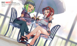 2girls :o arm_under_breasts beanie black_shoes black_shorts blue_hair blue_pants bracelet breasts colored_tongue commentary crossed_legs cup disposable_cup dolphin_shorts drinking_straw eyewear_on_head flip-flops full_body gradient_hair green_eyes green_hair green_hat green_tongue grey_eyes grey_shirt hat high_tops holding holding_cup jewelry jinkoika large_breasts looking_at_another medium_hair multicolored_hair multicolored_shoes multiple_girls nintendo octoling octoling_girl octoling_player_character on_chair open_mouth outdoors pants parasol parted_bangs purple_shirt red-framed_eyewear red_hair red_shoes sandals shirt shoes short_sleeves shorts sitting sneakers splatoon_(series) sunglasses symbol-only_commentary t-shirt table tentacle_hair umbrella white_shoes