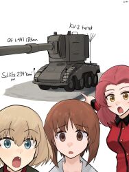 3girls absurdres artist_name blonde_hair blue_eyes blush brown_eyes brown_hair character_request collared_shirt fang gamryous girls_und_panzer hand_up high_contrast highres index_finger_raised meme military_vehicle motor_vehicle multiple_girls open_mouth red_shirt shirt short_hair simple_background tank two_soyjaks_pointing_(meme) white_background