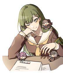 &gt;_o ._. 4girls ;3 all_fours aqua_neckerchief armband bak_pep black_gloves black_pantyhose bob_cut brown_dress brown_hair chibi closed_eyes colored_inner_hair desk diagonal_bangs dress flower fujishima_megumi gloves green_armband green_hair grey_hair hair_bun hair_flower hair_ornament hairclip hasu_no_sora_school_uniform highres holding holding_pen inverted_bob link!_like!_love_live! long_hair long_sleeves looking_at_another love_live! mini_person minigirl multicolored_hair multiple_girls neckerchief nose_bubble one_eye_closed ogami_sachi otomune_kozue pantyhose pen person_on_shoulder purple_hair red_flower red_hair safety_pin sailor_collar sailor_dress school_uniform short_hair side_ponytail sidelocks simple_background single_side_bun sitting sleeping sleeping_upright star_(symbol) star_hair_ornament straight_hair streaked_hair swept_bangs two_side_up upper_body v-shaped_eyebrows virtual_youtuber white_background white_sailor_collar winter_uniform yellow_eyes yellow_neckerchief yugiri_tsuzuri