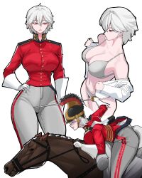 1girl absurdres bra gloves helmet highres holding holding_reins holding_sword holding_weapon horse horseback_riding jacket long_sleeves marinerx original panties pants popped_collar red_eyes red_jacket reins riding saddle shirt short_hair sidelocks sword tight_clothes tight_pants underwear weapon white_bra white_gloves white_hair white_panties white_pants white_shirt