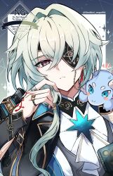 Rule 34 | 1boy, anaxa (honkai: star rail), aqua hair, black jacket, closed mouth, creature, eyepatch, highres, honkai: star rail, honkai (series), hoshini negai04, jacket, jewelry, looking at viewer, male focus, medium hair, multiple rings, red tattoo, ring, side ponytail, solo, twitter username, upper body, watermark