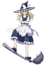 1girl apron back_bow black_hat black_skirt black_vest blonde_hair bow braid broom broom_surfing closed_mouth commentary_request crossed_arms frilled_skirt frills full_body hair_bow hat hat_bow highres inuno_rakugaki kirisame_marisa long_hair looking_at_viewer puffy_short_sleeves puffy_sleeves short_sleeves side_braid simple_background single_braid skirt smile socks solo touhou vest waist_apron white_apron white_background white_bow white_socks witch_hat yellow_eyes