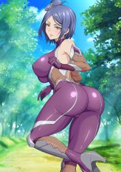 Rule 34 | 1girl, absurdres, ass, blue hair, blush, boatmormon, bodysuit, breasts, cameltoe, cosplay, highres, huge breasts, igawa asagi, igawa asagi (cosplay), konan (naruto), large breasts, naruto (series), naruto shippuuden, orange eyes, purple bodysuit, short hair, taimanin (series), taimanin asagi, taimanin suit, variant set