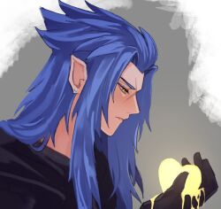 Rule 34 | 1boy, black coat (kingdom hearts), blue hair, cross scar, earrings, gloves, grey background, heart, holding, holding heart, jewelry, kingdom hearts, kingdom hearts ii, long hair, male focus, melting, orange eyes, pointy ears, saix, scar, scar on face, spiked hair, squidkid528