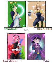 4girls alternate_costume alternate_hairstyle bandana black_hair boots bucket cow_girl dragon_ball dragon_ball_gt dragon_ball_super flatpancakesjim glasses gloves green_hair headphones highres hit_(dragon_ball) isshiki_iroha jiren kid_icarus multiple_girls nintendo office_lady overalls palutena pan_(dragon_ball) pants pink_hair ponytail pride_trooper_uniform shirt super_sonico tight_clothes tight_pants tight_shirt yahari_ore_no_seishun_lovecome_wa_machigatteiru.
