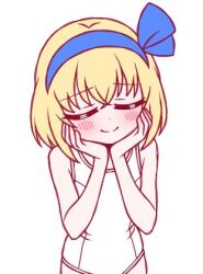 1girl alice_margatroid alice_margatroid_(pc-98) alternate_costume blonde_hair blue_bow blue_hairband blush bow bow_hairband closed_eyes closed_mouth commentary cowboy_shot hair_between_eyes hairband hands_on_own_cheeks hands_on_own_face ketsumaimo lowres old_school_swimsuit one-piece_swimsuit school_swimsuit short_hair simple_background smile solo swimsuit touhou touhou_(pc-98) white_background white_one-piece_swimsuit